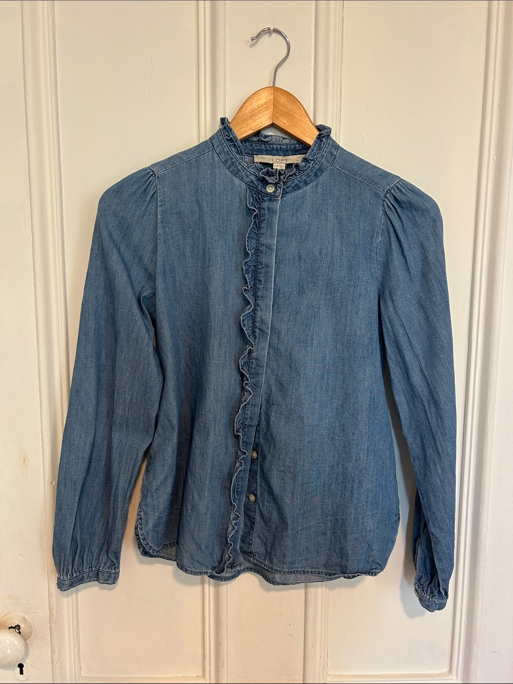 LOFT Light Denim Ruffle-Front Blouse